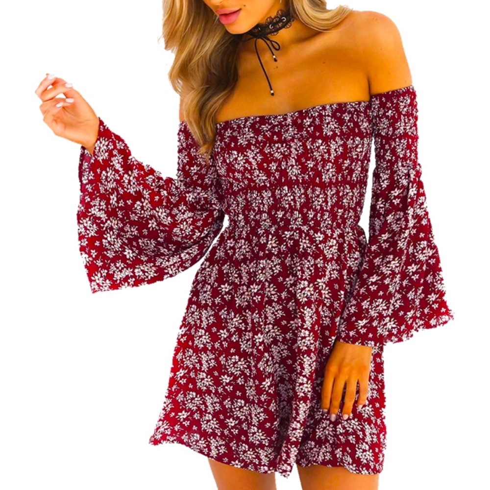 Red Boho Floral Off The Shoulder Dress